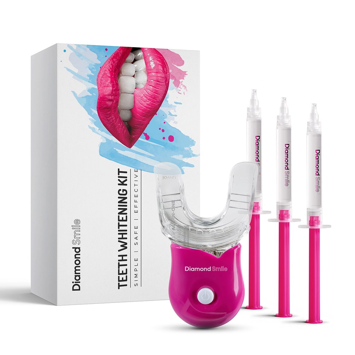 Een Diamond Smile tandbleekset om thuis tanden te bleken, verpakt tegen een witte achtergrond