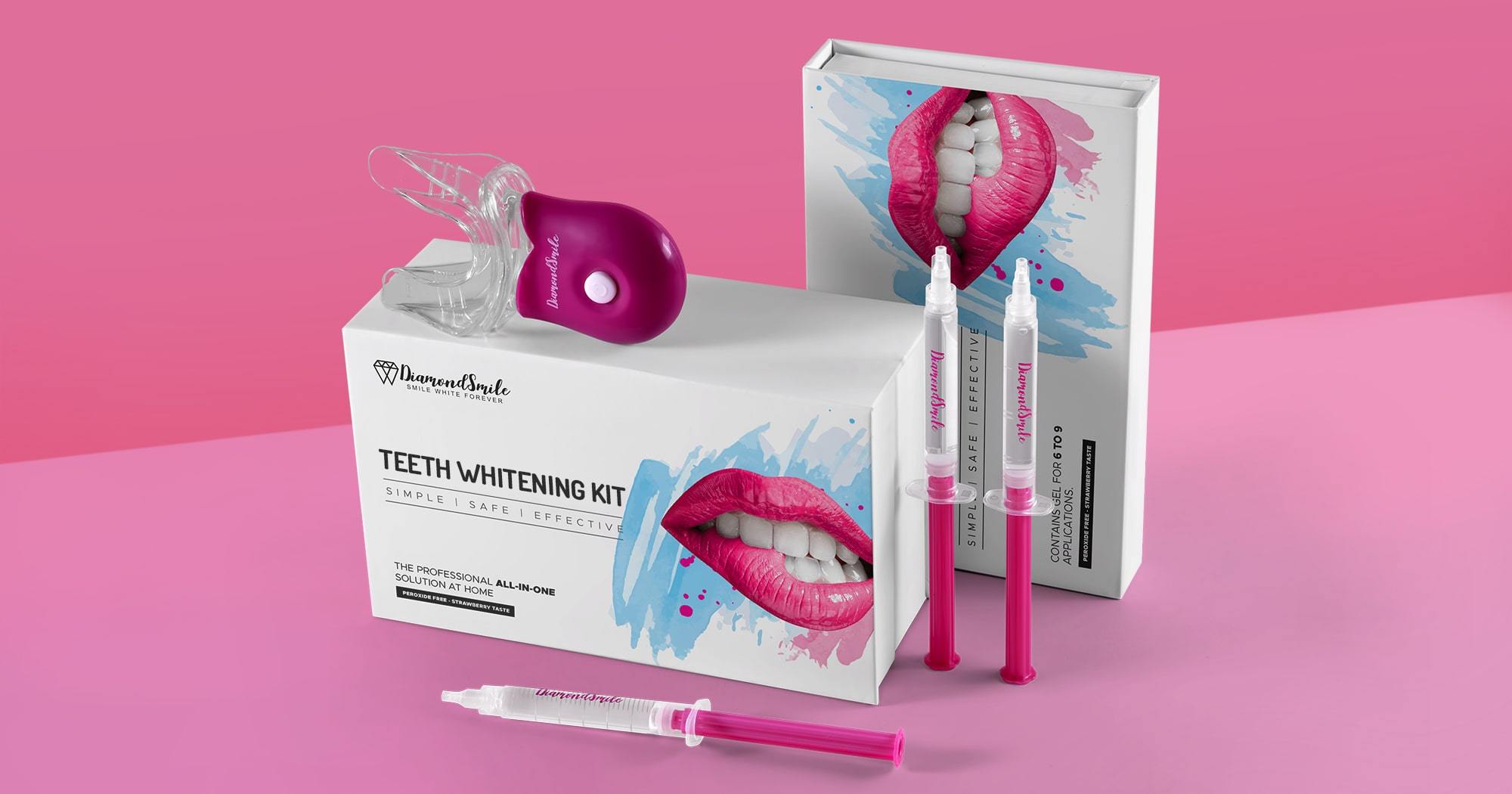 Tanden bleken set om uw tanden witter te maken. Drie keer tandbleek gel en een UV lamp. Een tandbleekgel is ook inbegrepen in de tandbleekset.